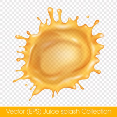 Şeffaf arka planda izole edilmiş damlacıklarla gerçekçi yuvarlak portakal suyu sıçraması, vektör (EPS) illüstrasyonu. Şeffaf turuncu sıvı donmuş hareket çizimi, katmanlı, düzenlemesi kolay
