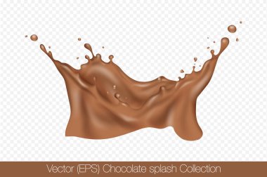 Şeffaf arkaplan, vektör (EPS) illüstrasyonunda izole edilmiş damlacıklarla gerçekçi taç şeklinde çikolata sıçraması. Şeffaf kahverengi sıvı donmuş hareket çizimi, katmanlı.