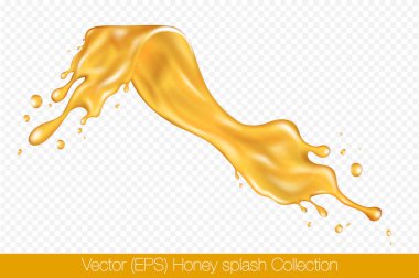 Şeffaf arka plan, vektör (EPS) illüstrasyonunda izole edilmiş damlacıklarla gerçekçi bal sıçraması. Şeffaf altın sıvı donmuş hareket çizimi, katmanlı, düzenlenmesi kolay