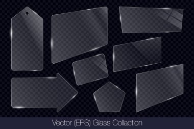 Gerçekçi 3D cam şeffaf kare, dikdörtgen, ok, fiyat etiketi ve çokgen çerçeve parlama, düz cam veya plastik plaka, düz şeffaf cam lens, gerçekçi ekran cam cam