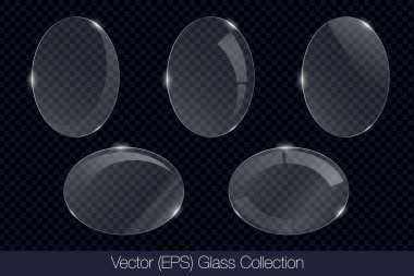 Gerçekçi 3D cam şeffaf elips çerçeve düz cam veya plastik plaka, düz şeffaf cam lens, gerçekçi ekran camı, pencere modeli, vektör (EPS) illüstrasyon