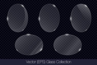 Gerçekçi 3D cam şeffaf elips çerçeve düz cam veya plastik plaka, düz şeffaf cam lens, gerçekçi ekran camı, pencere modeli, vektör (EPS) illüstrasyon