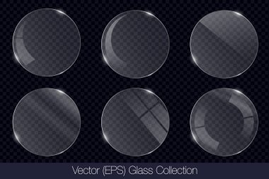 Gerçekçi 3D cam şeffaf daire çerçeve, düz cam veya plastik plaka, düz şeffaf cam lens, gerçekçi ekran camı, pencere modeli, vektör (EPS) illüstrasyonu