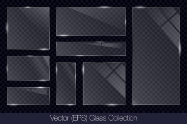 Gerçekçi 3D cam şeffaf kare ve dikdörtgen çerçeve düz cam veya plastik plaka, düz şeffaf cam lens, gerçekçi ekran cam, pencere modeli, vektör illüstrasyonu