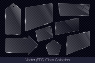 Gerçekçi 3D cam şeffaf kare, dikdörtgen, ok, fiyat etiketi ve çokgen çerçeve parlama, düz cam veya plastik plaka, düz şeffaf cam lens, gerçekçi ekran cam cam
