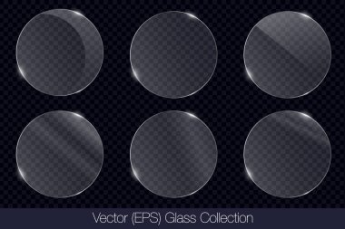 Gerçekçi 3D cam şeffaf daire çerçeve, düz cam veya plastik plaka, düz şeffaf cam lens, gerçekçi ekran camı, pencere modeli, vektör (EPS) illüstrasyonu