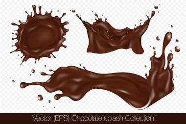 Şeffaf arka plan, vektör (EPS) illüstrasyonunda izole edilmiş damlacıklarla gerçekçi çikolata sıçraması. Şeffaf kahverengi sıvı donmuş hareket illüstrasyonları, katmanlı, düzenlenmesi zevkli