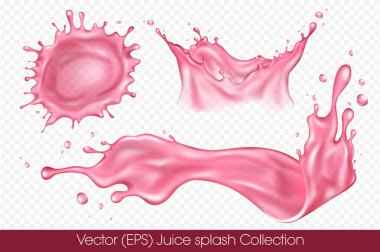 Şeffaf arka plan, vektör (EPS) illüstrasyonunda izole edilmiş damlacıklarla gerçekçi meyve suyu sıçraması. Şeffaf pembe sıvı donmuş hareket çizimleri, katmanlı, düzenlenmesi zevkli