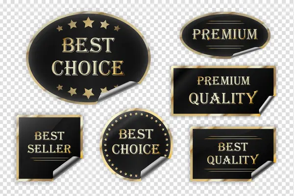 Siyah ve altın rengi Best Choice, Best Seller, En İyi Satanlar, En İyi Kalite ve Kalite etiketleri (etiketler) altın yıldızlı ve buruşuk kenarlı, vektör (EPS) illüstrasyonlu, yapışkan etiketli
