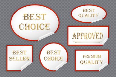 Kırmızı, altın ve beyaz En İyi Seçim, En İyi Satanlar, En İyi Kalite ve En İyi Kalite etiketleri (etiketler) buruşuk kenarlı, vektör (EPS) çizimi, yapıştırıcı etiketleri