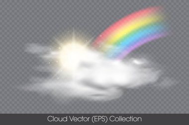 Gerçekçi Bulut, Gökkuşağı ve Güneş 'in büyülü ışıltısı, izole edilmiş vektör (EPS) şeffaf arkaplan görüntüsü