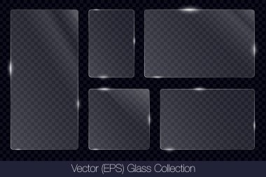 Gerçekçi 3D cam şeffaf kare ve dikdörtgen çerçeve düz cam veya plastik plaka, düz şeffaf cam lens, gerçekçi ekran cam, pencere modeli, vektör illüstrasyonu