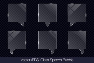 Gerçekçi 3D şeffaf cam konuşma baloncuğu kare şeklinde. Parıltı, düz cam veya plastik plaka, şeffaf cam lens, gerçekçi ekran camı, pencere modeli.