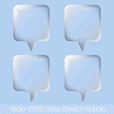 Şeffaf arkaplan üzerindeki düğmeler için gerçekçi 3D şeffaf konuşma kabarcığı seti, izole kare cam (lens), vektör EPS illüstrasyonu
