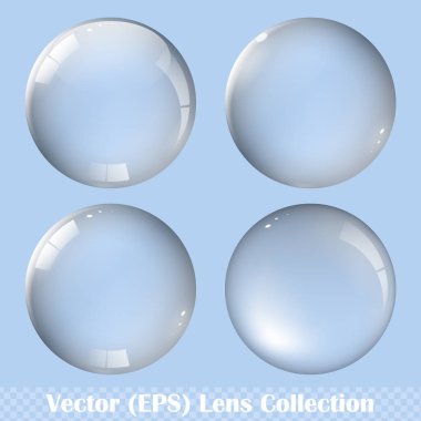 Şeffaf yuvarlak lens seti, şeffaf arkaplan, vektör (EPS) illüstrasyonundaki düğmeler için gerçekçi cam küre