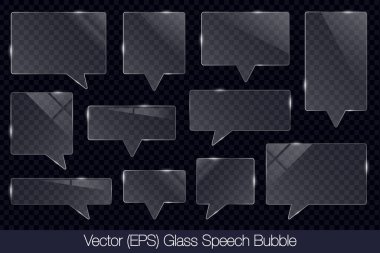 Gerçekçi 3D şeffaf cam konuşma baloncuğu ve dikdörtgen şeklinde parıltı, düz cam veya plastik plaka, düz şeffaf cam lens, gerçekçi ekran camı, pencere modeli