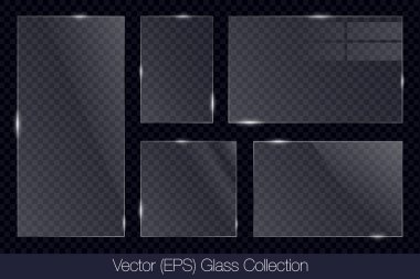Gerçekçi 3D cam şeffaf kare ve dikdörtgen çerçeve düz cam veya plastik plaka, düz şeffaf cam lens, gerçekçi ekran cam, pencere modeli, vektör çizimi