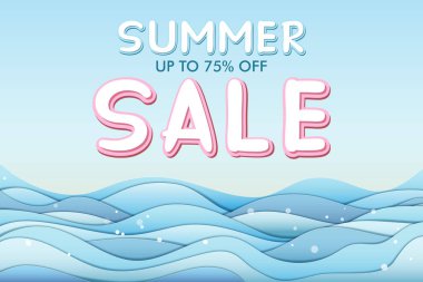 Yaz indirimli pankart. Yazlık ve denizde% 75 indirim var. Kağıt işçiliği tarzında yapılmış, 3 boyutlu, katmanlı. Vektör EPS illüstrasyonu, düzenlenmesi zevkli
