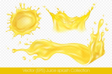 Şeffaf arka plan, vektör (EPS) illüstrasyonunda izole edilmiş damlacıklarla gerçekçi meyve suyu sıçraması. Şeffaf sarı sıvı donmuş hareket çizimleri, katmanlı, düzenlenmesi zevkli