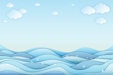 Kağıt işçiliği tarzında minimalist arkaplan illüstrasyonunda vektör EPS Ortasında boş alan, 3 boyutlu, katmanlı, düzenlenmesi zevkli deniz ve bulutlar