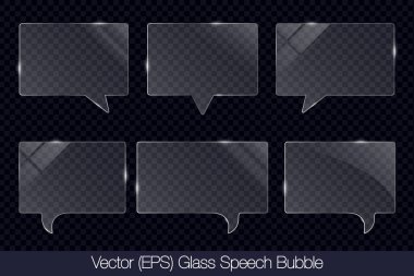 Dikdörtgen şeklindeki gerçekçi 3D şeffaf cam konuşma balonu. Parıltı, düz cam veya plastik plaka, düz şeffaf cam lens, gerçekçi ekran camı, pencere modeli.
