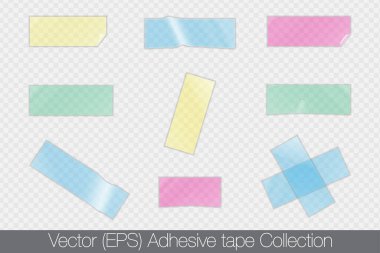 Sarmalanmış ve katlanmış kenarları olan gerçekçi şeffaf yapıştırıcı bant. Vektör (EPS) Şeffaf arkaplanda izole edilmiş bant şablonu, kullanımı ve düzenlenmesi kolay