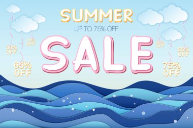 Yaz indirimli pankart ve% 75 indirimli yazı, deniz, bulutlar. Kağıt işçiliği tarzında yapılmış, 3 boyutlu, katmanlı. Vektör EPS illüstrasyonu, düzenlenmesi zevkli