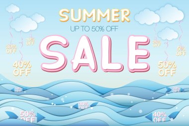 Yaz indirimli pankartlar ve% 50 indirimli yazılar, deniz, bulutlar. Kağıt işçiliği tarzında yapılmış, 3 boyutlu, katmanlı. Vektör EPS illüstrasyonu, düzenlenmesi zevkli