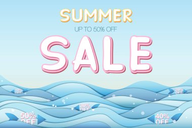 Yaz indirimli pankart. Yazlık ve denizde% 50 indirim var. Kağıt işçiliği tarzında yapılmış, 3 boyutlu, katmanlı. Vektör EPS illüstrasyonu, düzenlenmesi zevkli