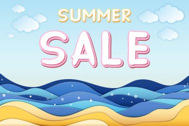 Kağıt işçiliği tarzında minimalist yaz indirimi afişi. Yaz indirimi yazıtları, deniz, sahil ve bulutlar. Vektör EPS, 3D, düzenlenmesi zevkli