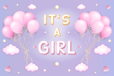 Bu bir kız kartı, üzerinde kelimeler olan vektör illüstrasyonu. Bir kız ve mor arkaplanlı bir demet pembe balon. Kalpleri, bulutları ve renkli dekorasyon unsurlarını düzenlemek çok zevkli.