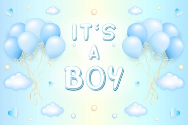 Bu bir erkek kartı, vektör illüstrasyonunda bir oğlan ve mavi arka planda bir demet mavi balon, kalpler, bulutlar ve renkli dekor unsurları, düzenlemek zevkli.