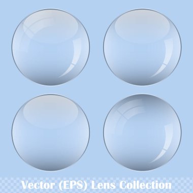 Şeffaf yuvarlak lens seti, şeffaf arkaplan, vektör (EPS) illüstrasyonundaki düğmeler ve rozetler için çerçevelenmiş çerçeveli gerçekçi cam küre