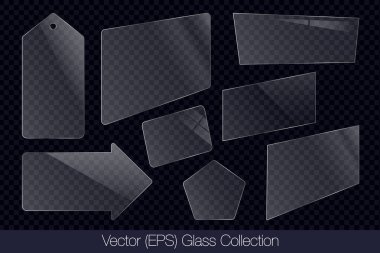 Gerçekçi 3D cam şeffaf kare, dikdörtgen, ok, fiyat etiketi ve çokgen çerçeve parlama, düz cam veya plastik plaka, düz şeffaf cam lens, gerçekçi ekran cam cam