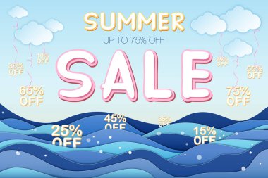 Yaz indirimli pankart ve% 75 indirimli yazı, deniz, bulutlar. Kağıt işçiliği tarzında yapılmış, 3 boyutlu, katmanlı. Vektör EPS illüstrasyonu, düzenlenmesi zevkli