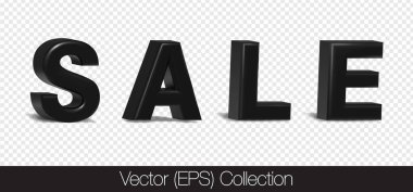 Vektör 3 boyutlu siyah satılık metin tasarımı. Gerçekçi 3D satış harfleri, düzenlenebilir katmanlı şeffaf arka planda izole. Promosyonlar, reklamlar ve pazarlama için 3D satış afişi