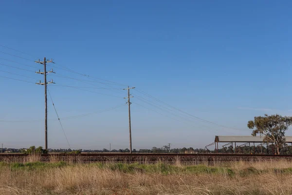 Elektrik direkleriyle kırsal alan ve tarlaların üzerinde güneş ışığı alan tren rayları.