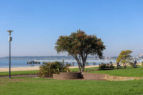 Geelong 'da deniz manzarası. İnsanlar dışarıda eğleniyor.