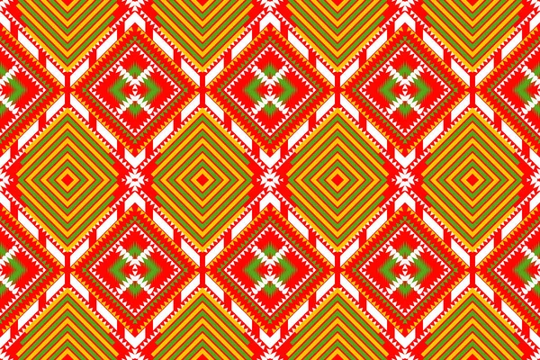 无缝设计图案 传统几何锯齿形图案 纺织品用黄色红色白色绿色矢量图解设计 抽象面料图案 阿兹特克风格 — 图库照片