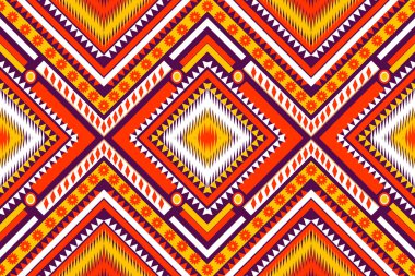 Kusursuz tasarım, geleneksel geometrik yıldız zigzag deseni. Sarı mor turuncu çizim tasarımı, soyut kumaş deseni, tekstil için aztek tarzı., 