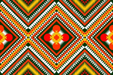 Kusursuz tasarım modeli, geleneksel geometrik zikzak deseni. Turuncu Beyaz Koyu Yeşil Sarı vektör çizimi, soyut kumaş deseni, yazıcı tekstili için aztek biçimi 