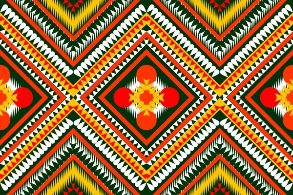 シームレスなデザインパターン 伝統的な幾何学的なジグザグパターン オレンジホワイトダークグリーンイエローベクトルイラストデザイン 抽象的な生地パターン 印刷繊維のためのAztecスタイル — ストックベクタ