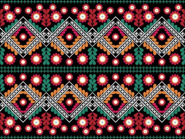 Etnik tasarımlar soyut geometri çiçeği siyah arkaplan yaprağı yeşil, tekstil baskı halı yastığı için kabile deseni 