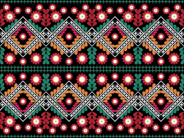 Etnik Tasarımlar Soyut Geometri Çiçeği Siyah Arkaplan Yaprağı Yeşil Tekstil — Stok Vektör