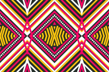 Kusursuz tasarım modeli, geleneksel geometrik zikzak deseni. Pembe koyu yeşil, beyaz, sarı vektör çizimi, soyut kumaş deseni, baskı tekstili için aztek biçimi 