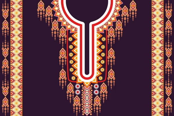 テキスタイルネックデザイン 伝統的な東洋のパターン オレンジ赤白紫の地面のネックレス刺繍デザインのための女性のファッション服 — ストックベクタ