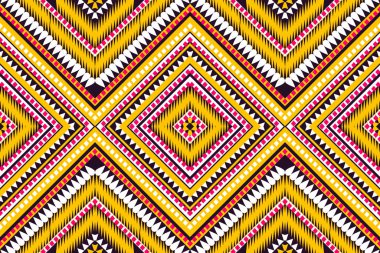 Kusursuz desen tasarımı geometrik kare üçgen çember. Hint kumaşı, Afrikalı popüler dalga etnik boşluk. Tekstil baskı duvar kâğıdı için siyah sarı beyaz tasarım.