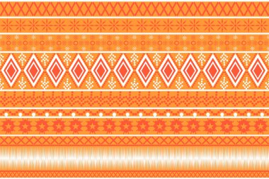 Kusursuz tasarım şablonu, geleneksel geometrik zigzag daire deseni. Sarı turuncu beyaz vektör illüstrasyon tasarımı, soyut kumaş deseni, baskı tekstili için aztek biçimi. 