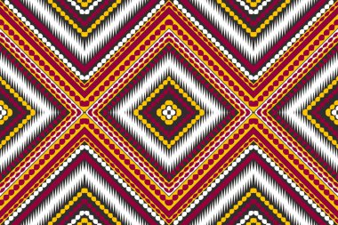 Kusursuz tasarım şablonu, geleneksel geometrik zigzag deseni. Kırmızı beyaz sarı vektör illüstrasyon tasarımı, soyut kumaş deseni, baskı tekstili için aztek tarzı. 