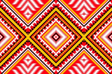 Kusursuz tasarım şablonu, geleneksel geometrik zigzag deseni. Kırmızı damla su sarı beyaz siyah vektör çizimi tasarımı, soyut kumaş deseni, baskı tekstili için aztek tarzı. 